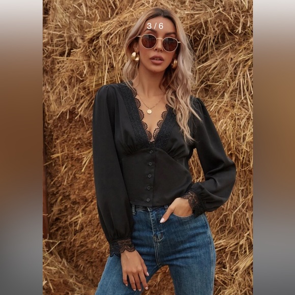 Black satin and lace panel blouse - Picture 1 of 6